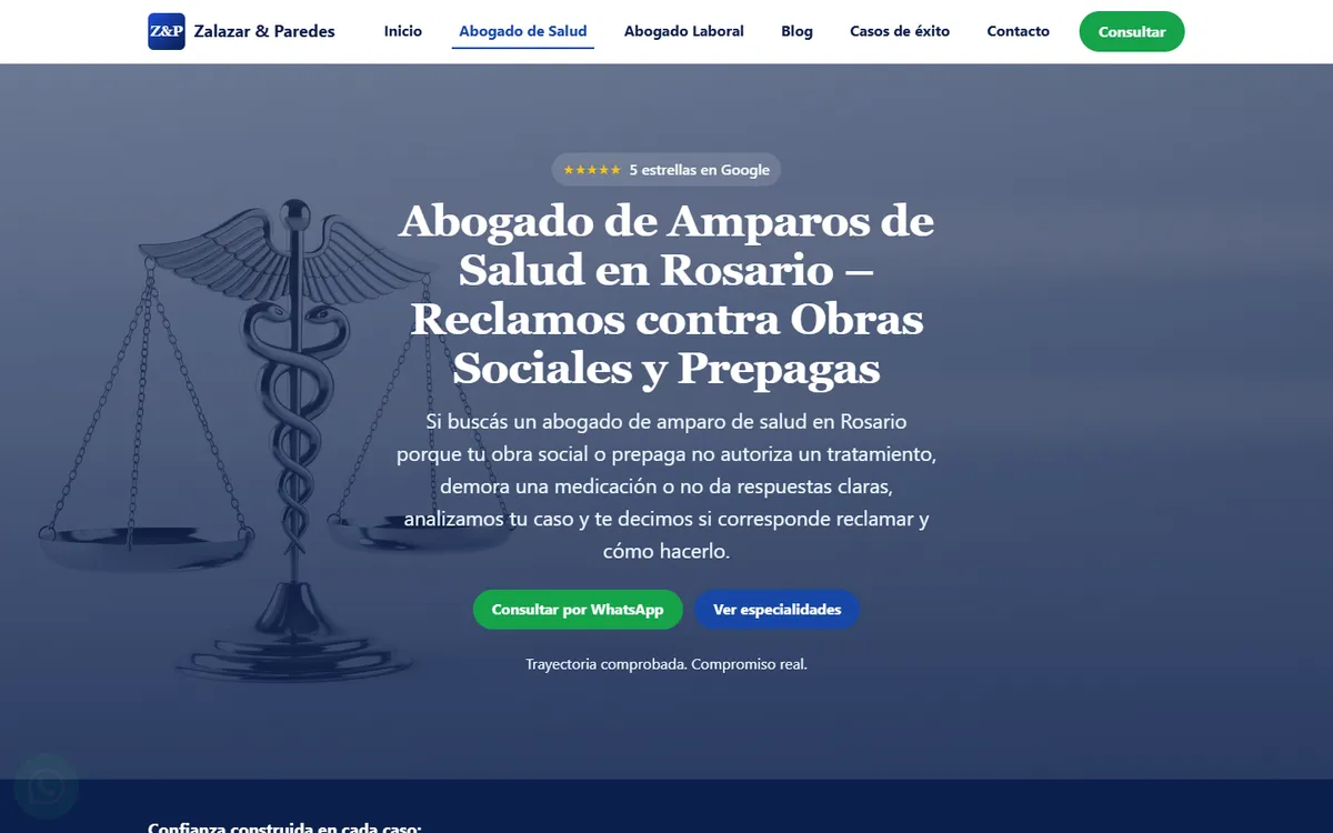 Página de abogado de salud del sitio de Estudio Zalazar & Paredes
