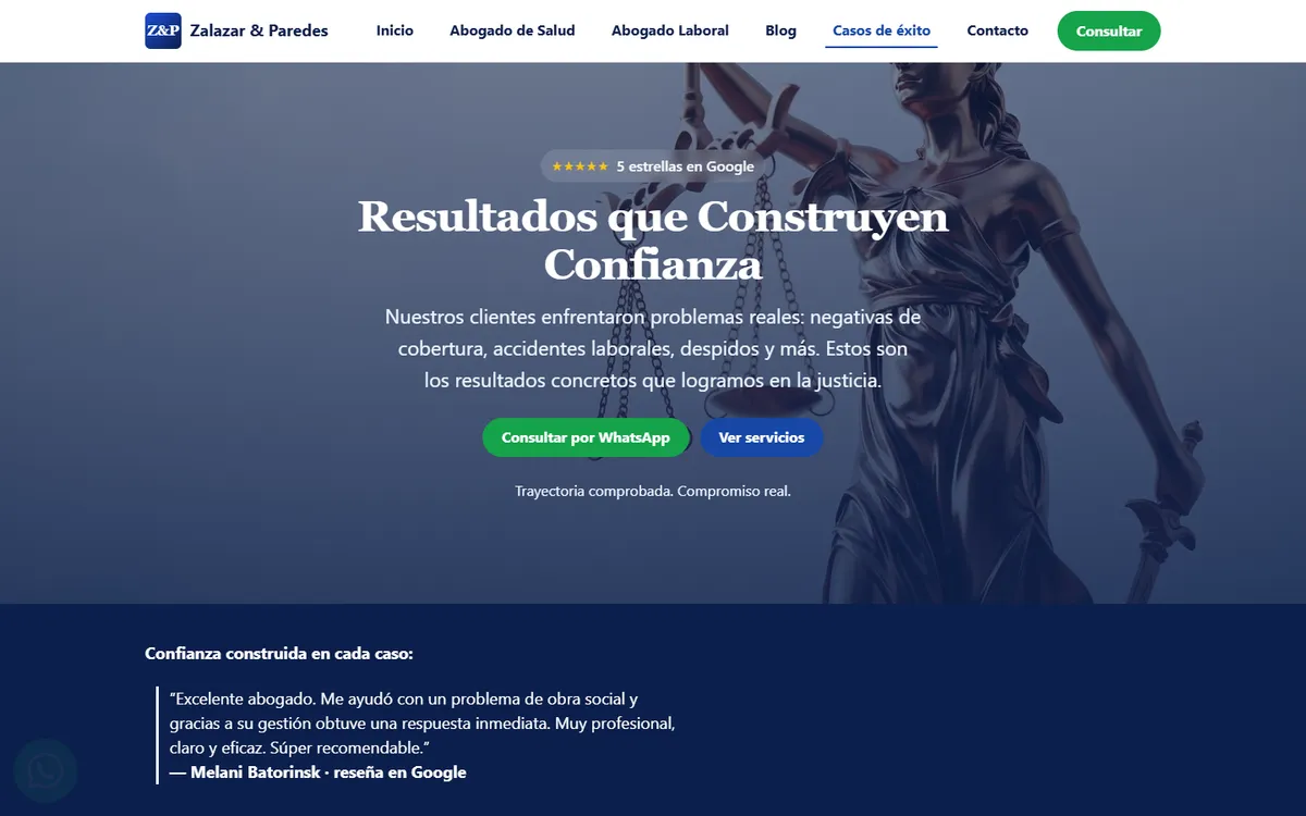 Página de casos de éxito del sitio de Estudio Zalazar & Paredes