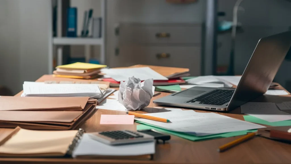 Escritorio con tareas acumuladas - Un banco de imágenes, imagen de un espacio de trabajo de escritorio. El escritorio cuenta con una computadora portátil, rodeada de papeles, carpetas y notas adhesivas. Lápices y una calculadora descansan en el borde del escritorio, mientras que cerca hay una bola de papel arrugada.